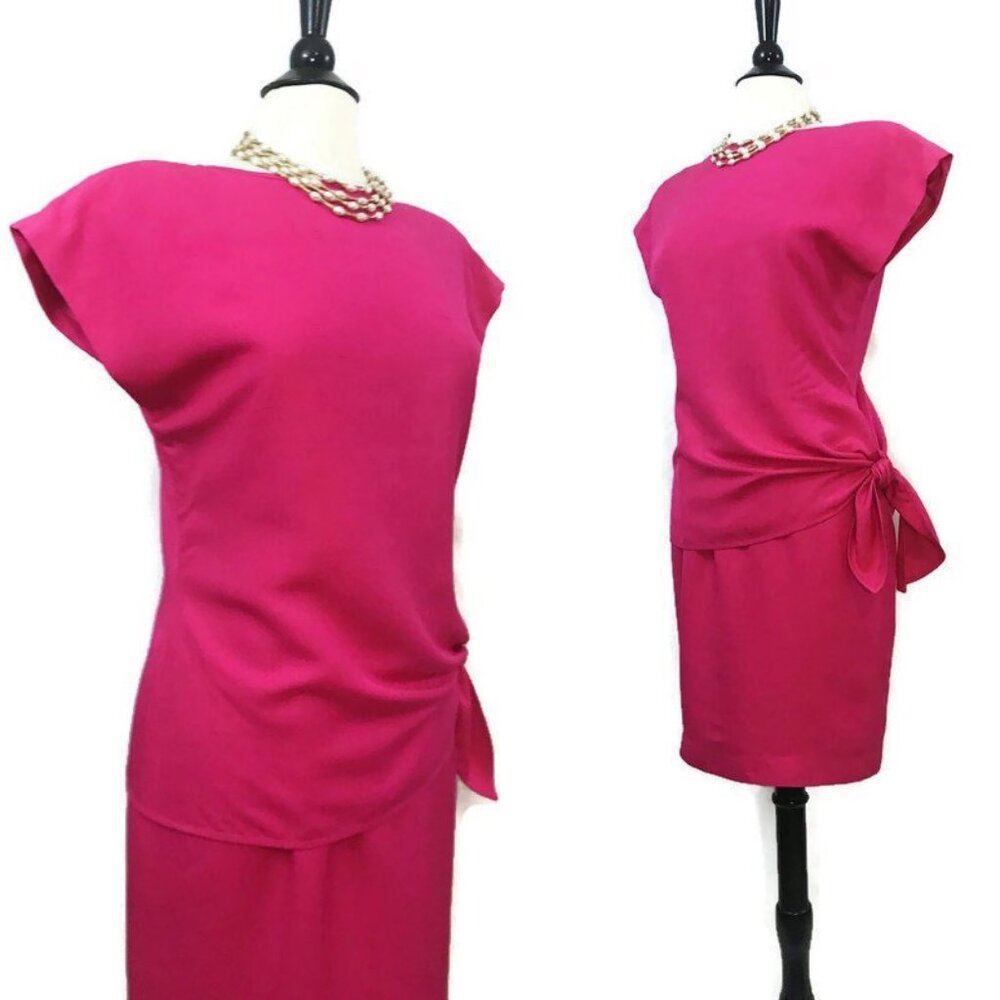Vintage 80s 90s Bill Blass Dress Silk Sarong Mini Wrap Fushia Pink